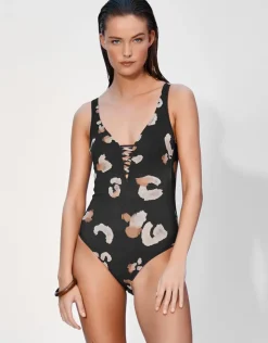 Maryan Mehlhorn Abstraction Plunge Swimsuit - Black and Brown Hot