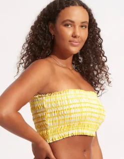 Seafolly Amalfi Check Shirred Longline Bandeau Bikini Top - Lime Light Clearance