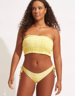 Seafolly Amalfi Check Shirred Longline Bandeau Bikini Top - Lime Light Clearance