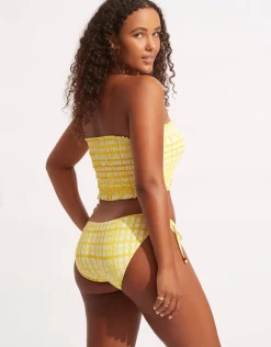 Seafolly Amalfi Check Shirred Longline Bandeau Bikini Top - Lime Light Clearance