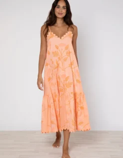 Juliet Dunn Bellflower V Neck Midi Dress - Peach Sale