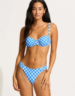 Seafolly Ciao Bella Check High Leg Ruched Side Bikini Pant - Azure Clearance