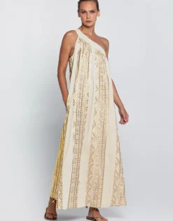 Greek Archaic Kori Classic Triangle Asymmetrical Maxi Dress - Natural and Gold Best