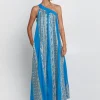 Greek Archaic Kori Classic Triangle Asymmetrical Maxi Dress - Blue Raf and Gold Clearance