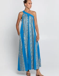 Greek Archaic Kori Classic Triangle Asymmetrical Maxi Dress - Blue Raf and Gold Clearance