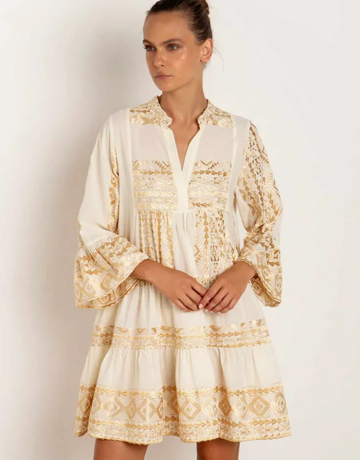 Greek Archaic Kori Classic Triangle Layered Mini Dress - Natural and Gold New
