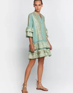 Greek Archaic Kori Classic Triangle Layered Mini Dress with Sash - Sea Green and Gold Hot