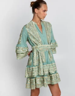 Greek Archaic Kori Classic Triangle Layered Mini Dress with Sash - Sea Green and Gold Hot