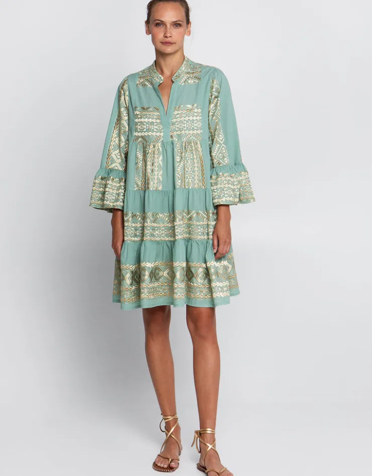 Greek Archaic Kori Classic Triangle Long Sleeve Mini Dress - Sea Green and Gold Clearance