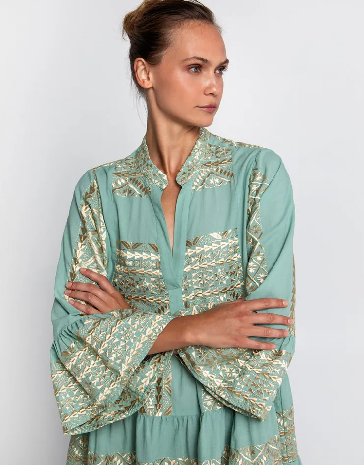 Greek Archaic Kori Classic Triangle Long Sleeve Mini Dress - Sea Green and Gold Clearance