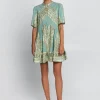 Greek Archaic Kori Classic Triangle Oriental Style Mini Dress - Sea Green and Gold Hot
