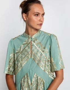 Greek Archaic Kori Classic Triangle Oriental Style Mini Dress - Sea Green and Gold Hot