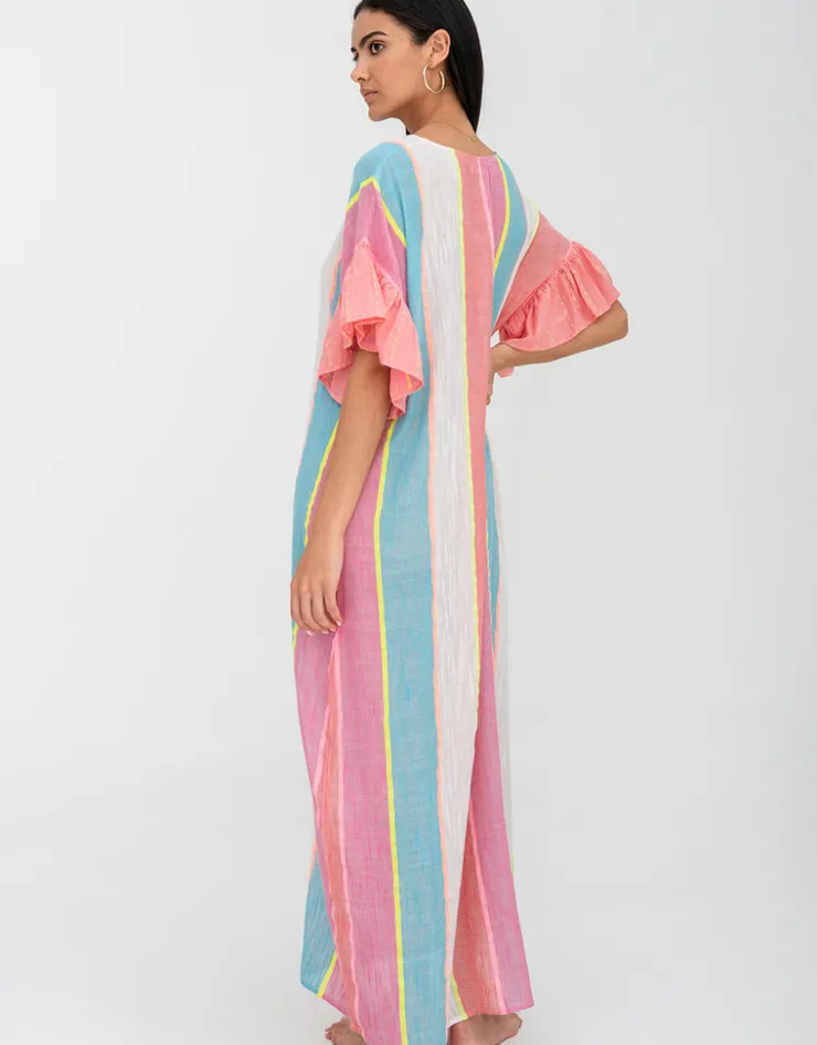 Pitusa Contrast Ruffle Sleeve V Neck Dress - Multi New