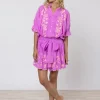 Juliet Dunn Cotton Blouson Dress with Butterfly Embroidery - Violet and Neon Peach Hot