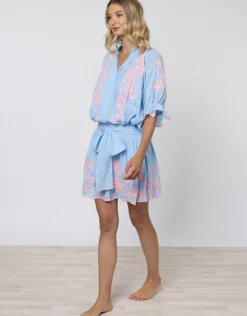 Juliet Dunn Cotton Blouson Dress with Butterfly Embroidery - Blue and Neon Pink New