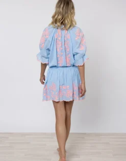 Juliet Dunn Cotton Blouson Dress with Butterfly Embroidery - Blue and Neon Pink New