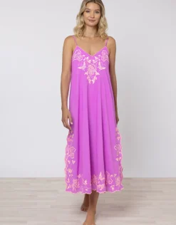 Juliet Dunn Cotton V-Neck Slip Dress with Butterfly Embroidery - Violet and Neon Peach Hot