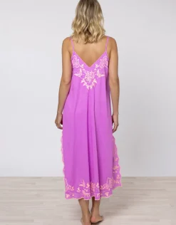 Juliet Dunn Cotton V-Neck Slip Dress with Butterfly Embroidery - Violet and Neon Peach Hot