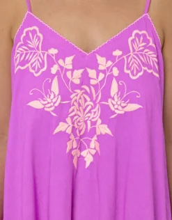 Juliet Dunn Cotton V-Neck Slip Dress with Butterfly Embroidery - Violet and Neon Peach Hot