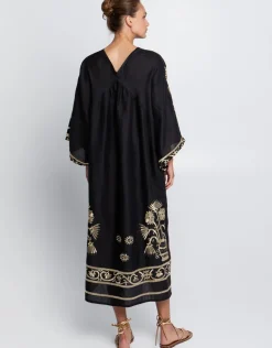 Greek Archaic Kori Crete V Neck Midi Kaftan - Black and Gold Sale