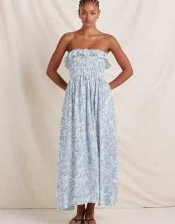Peony Daffodil Shirred Midi Dress - Blue Print Best