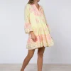 Juliet Dunn Dhaka Print Flared Sleeve Dress - Yellow and Fuchsia New