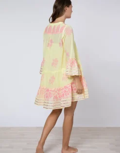 Juliet Dunn Dhaka Print Flared Sleeve Dress - Yellow and Fuchsia New
