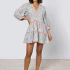 Juliet Dunn Ditsy Print V-Neck Tiered Mini Dress with Ric-Rac - Aqua and Neon Red Discount