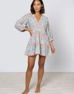 Juliet Dunn Ditsy Print V-Neck Tiered Mini Dress with Ric-Rac - Aqua and Neon Red Discount