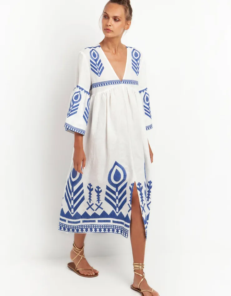 Greek Archaic Kori Feather Bell Sleeve Kaftan - White and Blue Outlet
