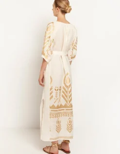 Greek Archaic Kori Feather Maxi Kaftan - Natural and Gold New