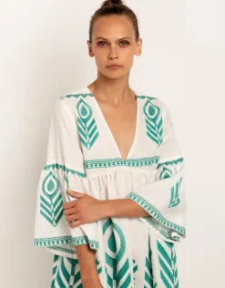 Greek Archaic Kori Feathers Mini Dress - White and Emerald Fashion