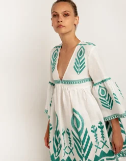 Greek Archaic Kori Feathers Mini Dress - White and Emerald Fashion