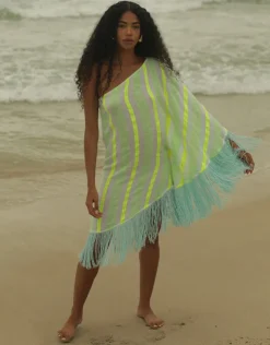 Pitusa Fringed One Shoulder Kaftan - Neon Yellow New