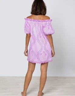 Juliet Dunn Ginko Print Off Shoulder Mini Dress with Ric-Rac - Violet and Peach Sale