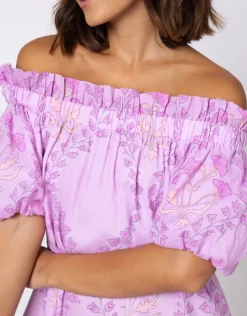 Juliet Dunn Ginko Print Off Shoulder Mini Dress with Ric-Rac - Violet and Peach Sale
