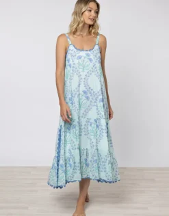 Juliet Dunn Ginko Print Swing Dress with Ric-Rac - Aqua and Blue Outlet