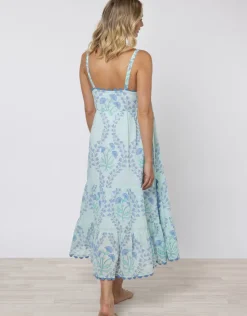 Juliet Dunn Ginko Print Swing Dress with Ric-Rac - Aqua and Blue Outlet