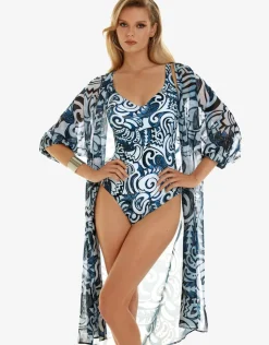Roidal Graffiti Midi Length Beach Shirt - Blue and White Outlet
