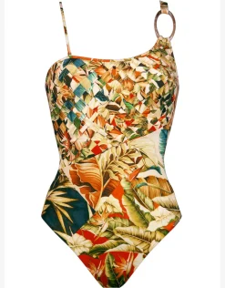 Maryan Mehlhorn Hypnotic One Shoulder Swimsuit - Sepia Leaves Fashion