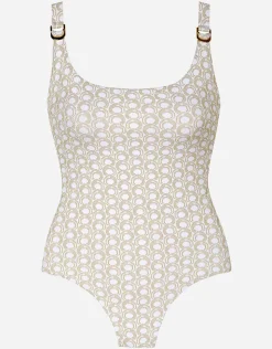 Tessy Indira Round Neck Swimsuit - White and Gold Online