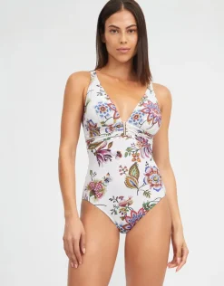 Nuria Ferrer Jasmine Plunge Swimsuit - White Floral Outlet