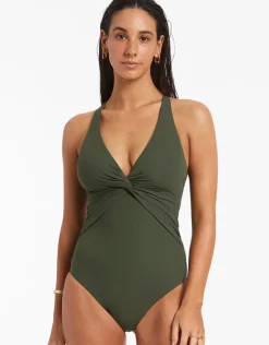 Jets et Twist Front Crossback Swimsuit - Olive Discount