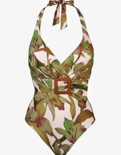 Maryan Mehlhorn Journey Belted Halterneck Swimsuit - Cream Reed Clearance