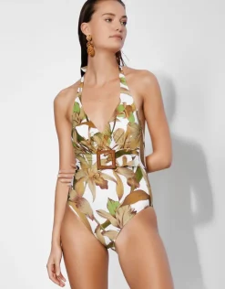 Maryan Mehlhorn Journey Belted Halterneck Swimsuit - Cream Reed Clearance