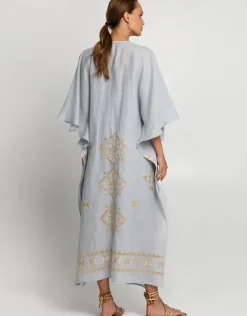 Greek Archaic Kori Lefkada Kimono Sleeve Maxi Kaftan - Light Grey and Gold Outlet