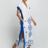Greek Archaic Kori Lefkada Midi Kaftan Tunic - White and Blue Fashion