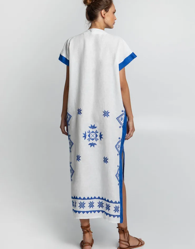 Greek Archaic Kori Lefkada Midi Kaftan Tunic - White and Blue Fashion