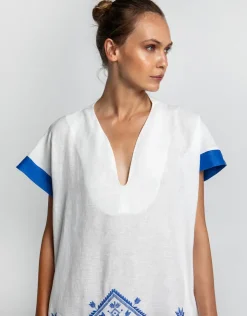 Greek Archaic Kori Lefkada Midi Kaftan Tunic - White and Blue Fashion