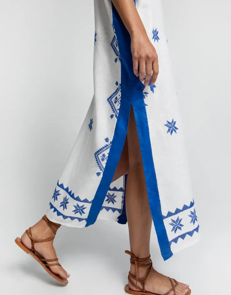 Greek Archaic Kori Lefkada Midi Kaftan Tunic - White and Blue Fashion